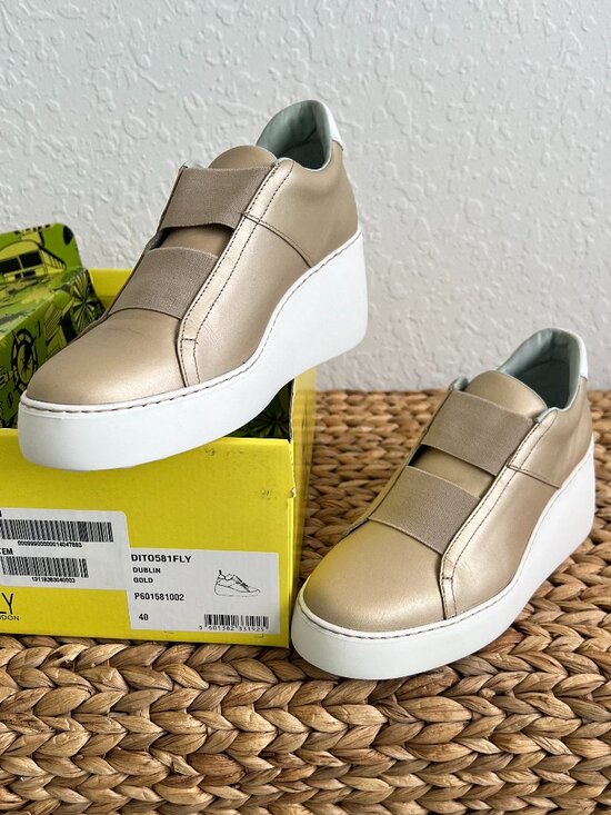 Fly London Shoes - NIB FLY London Dublin Gold Leather Wedge Trainers Size 40 (W8.5)